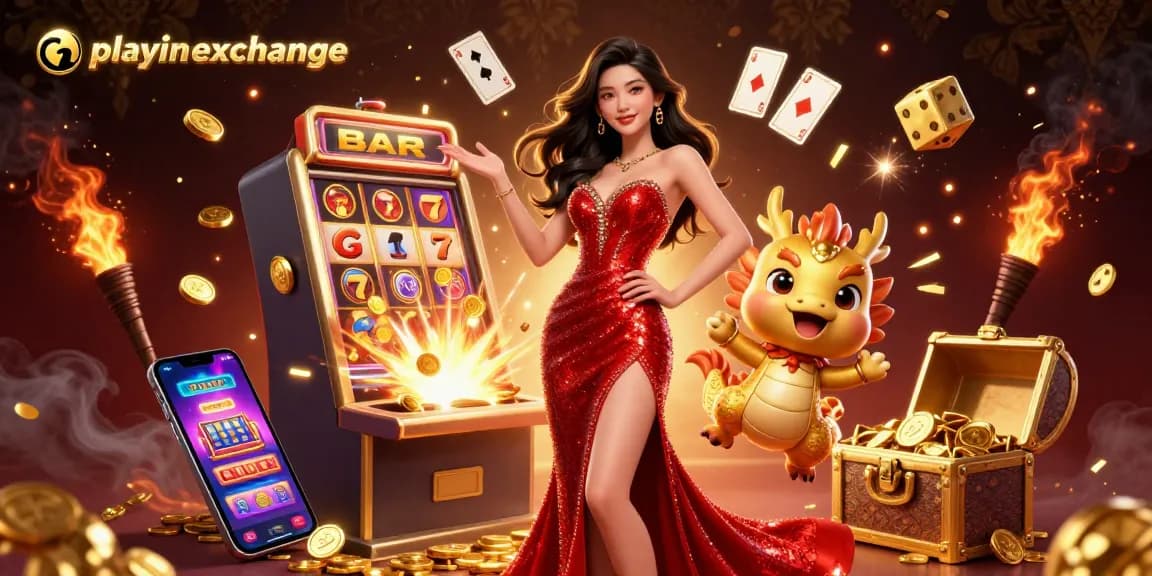 Win big with playinexchange! Stunning illustration of a confident woman and golden dragon amidst exciting slot machine elements.