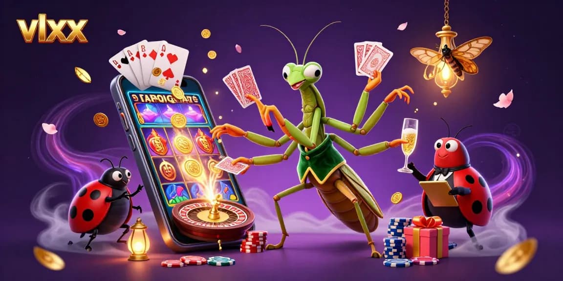 Engage with vlxx as a vibrant illustration of a casino scene featuring a mantis dealer and ladybug pit boss.