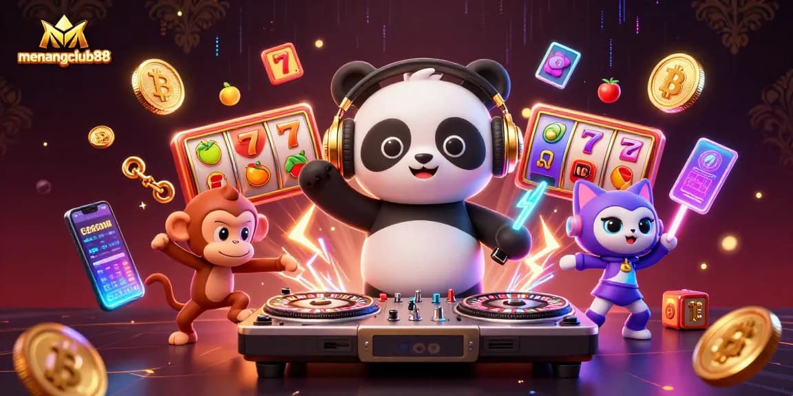 Create winning moments at menangclub88 with vibrant slot reels and engaging characters in a lively casino scene.