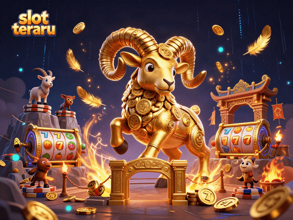 Engage with slot terbaru gameplay illustrated by a golden ram amidst swirling feathers and vibrant game symbols.