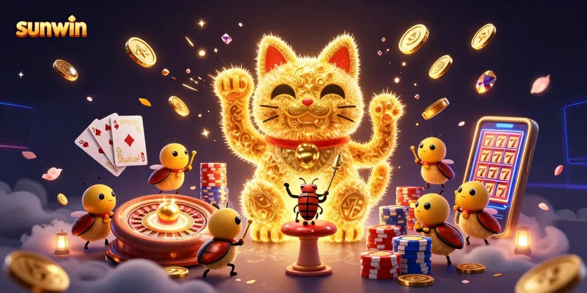 Win big with sunwin at this vibrant casino-themed illustration showcasing dynamic gaming elements.