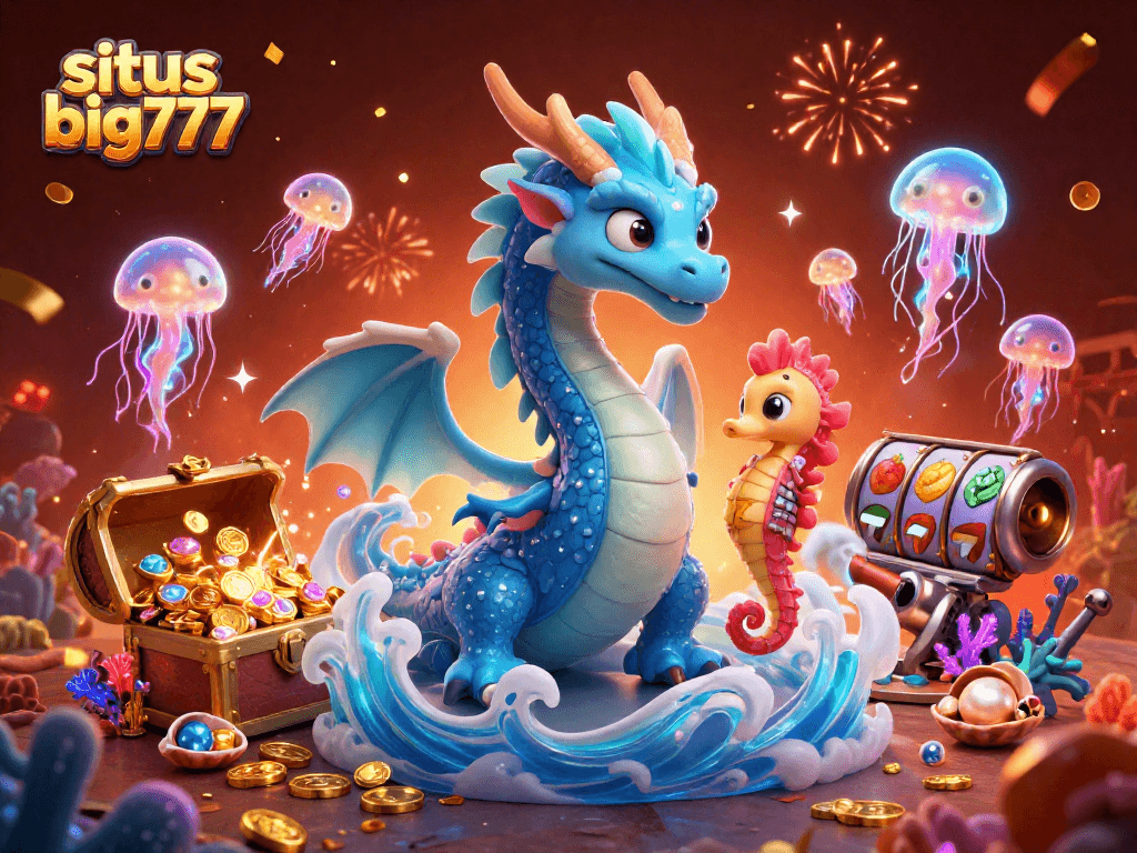 situs big777 celebrates wins with vibrant casino-themed underwater adventure featuring whimsical characters and treasures