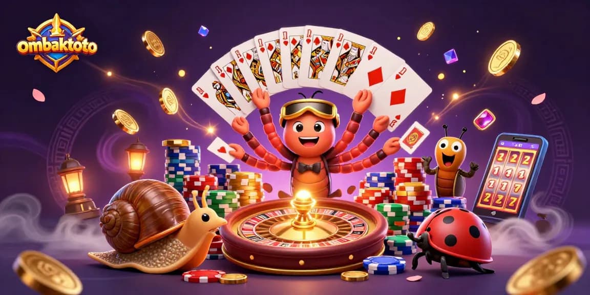 Ombaktoto features a lively dealer and high-roller amid casino excitement with vibrant colors.