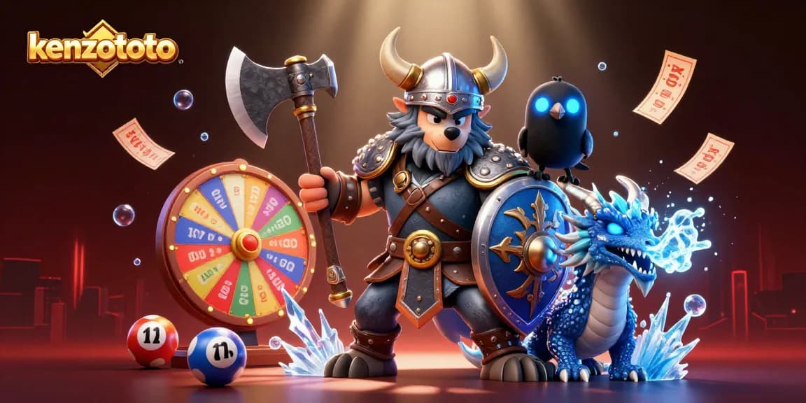 Kenzototo showcases dynamic lottery action with a Viking wolf and dragon illustration.