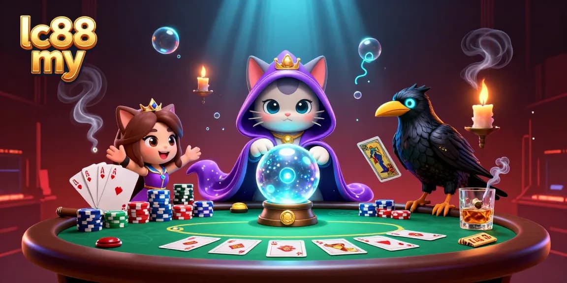 Engage in exciting gambling at lc88 my with a mystical cat and raven in a vibrant casino setting.