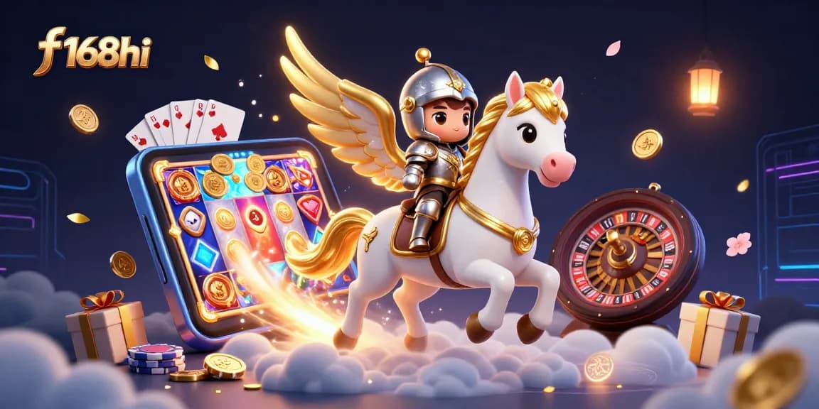 Engage with f168hi in a vibrant 3D casino scene filled with dynamic gaming elements.
