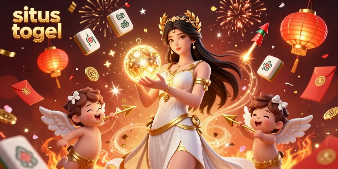 Experience the enchantment of situs togel with a stunning illustration of a Grecian goddess and Cupid characters amidst festive elements.