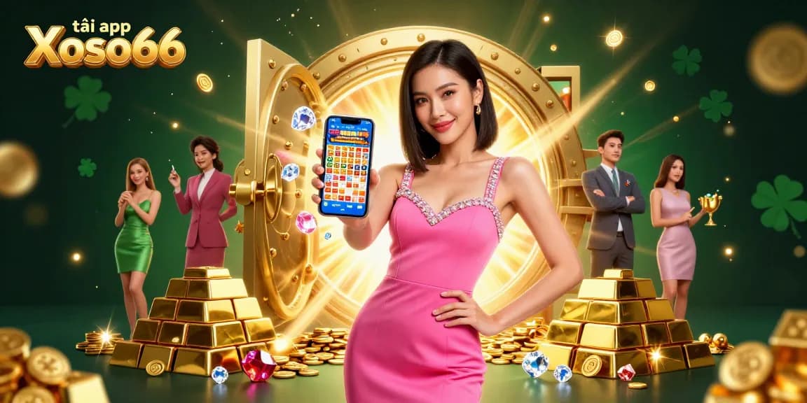 Win big by downloading tải app Xoso66, featuring a confident woman showcasing a live lottery game.