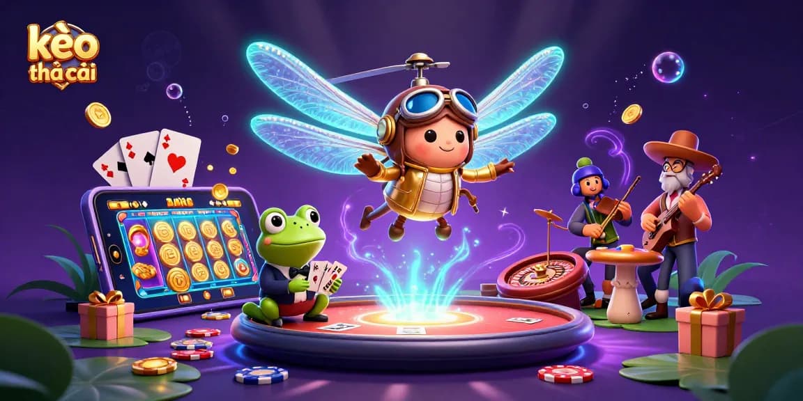 Engaging scene featuring kèo nhà cái with a dragonfly pilot, frog dealer, and jazz musicians.