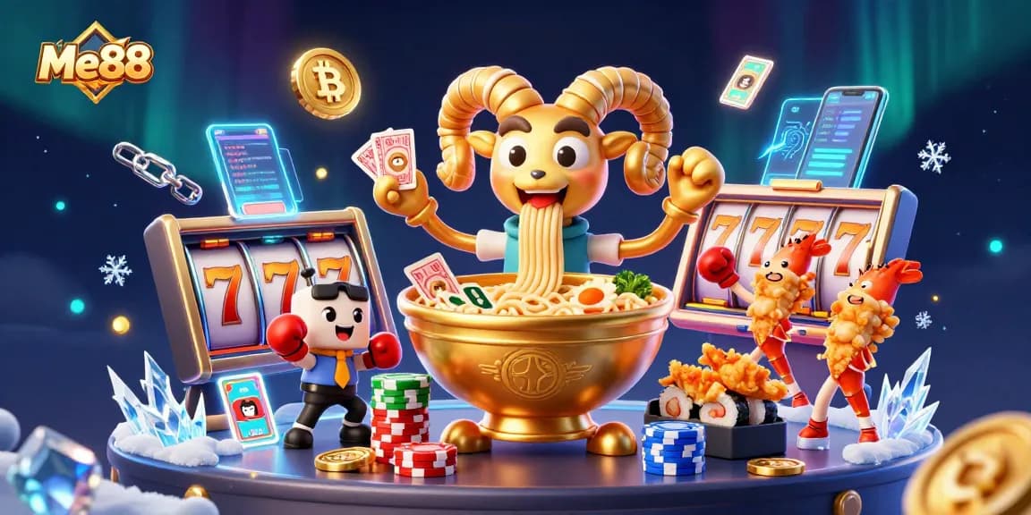 Engage with Me88's vibrant gaming scene featuring lively characters and dynamic casino elements.