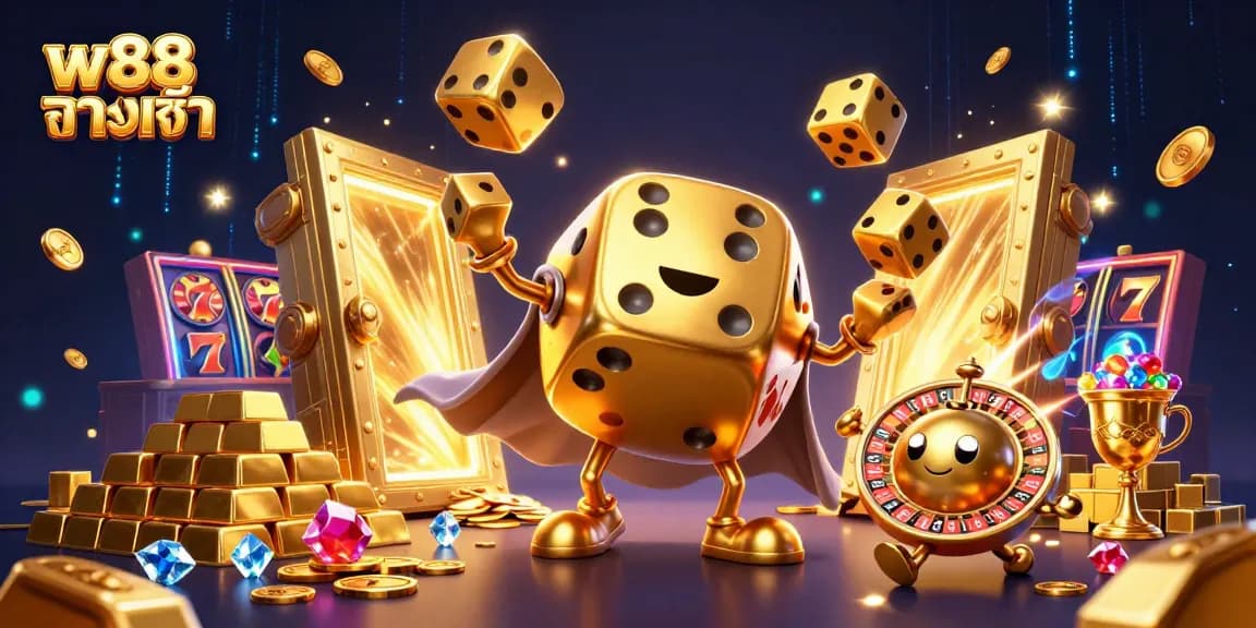 Win big with w88 ทางเข้า in this vibrant 3D casino illustration of golden dice and treasures.