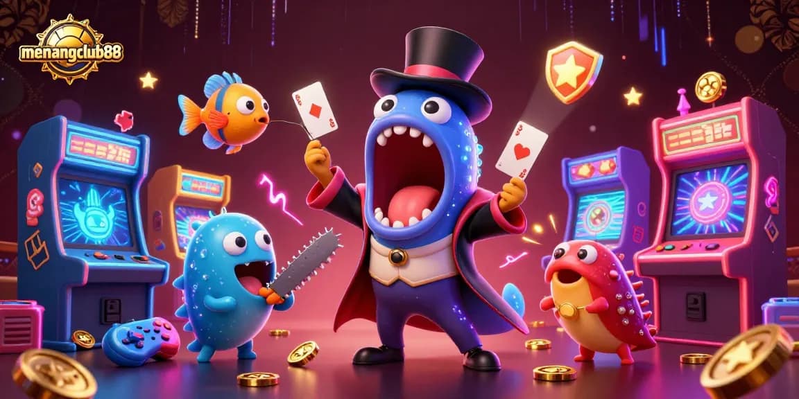 Enjoy thrilling gaming with menangclub88 as cartoon characters create magic tricks in a vibrant casino setting.