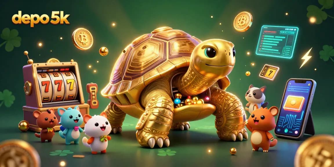 Engage in exhilarating gameplay with depo 5k featuring a golden tortoise pinball machine and vibrant casino elements.