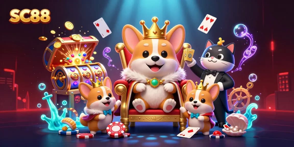 Experience the thrill of SC88 with royal corgi and colorful slot elements in a vibrant casino-themed scene.