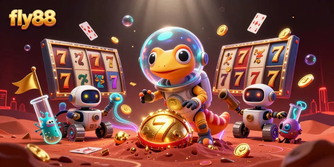 Experience the excitement of fly88 with vibrant slot reels in a unique alien casino setting