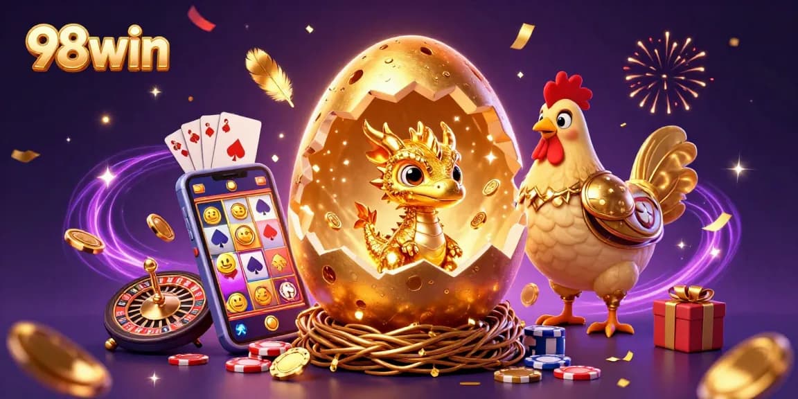 Experience exciting gaming moments with 98win's golden dragon and poker chips in an animated scene.