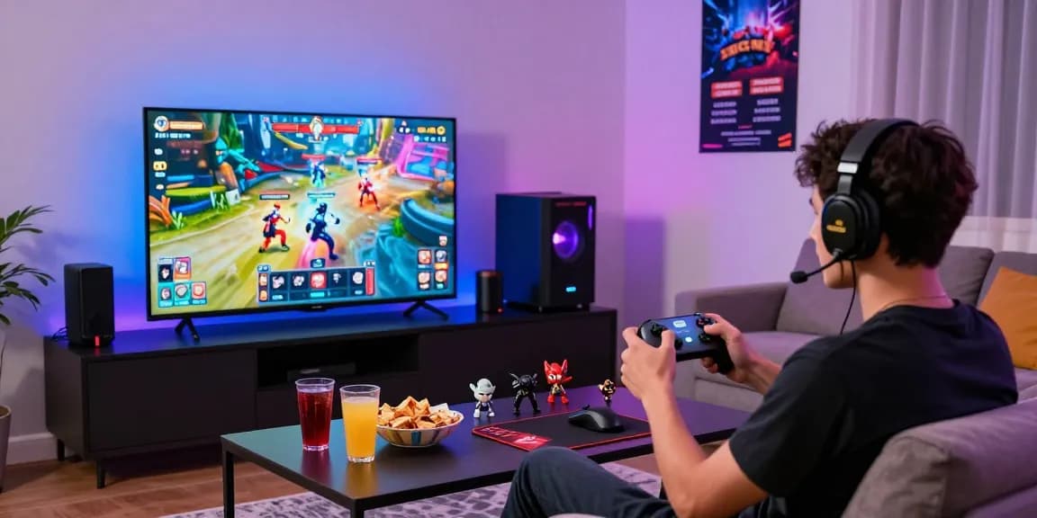 A gamer enjoying immersive gameplay with sunwin promotions in a vibrant living room.