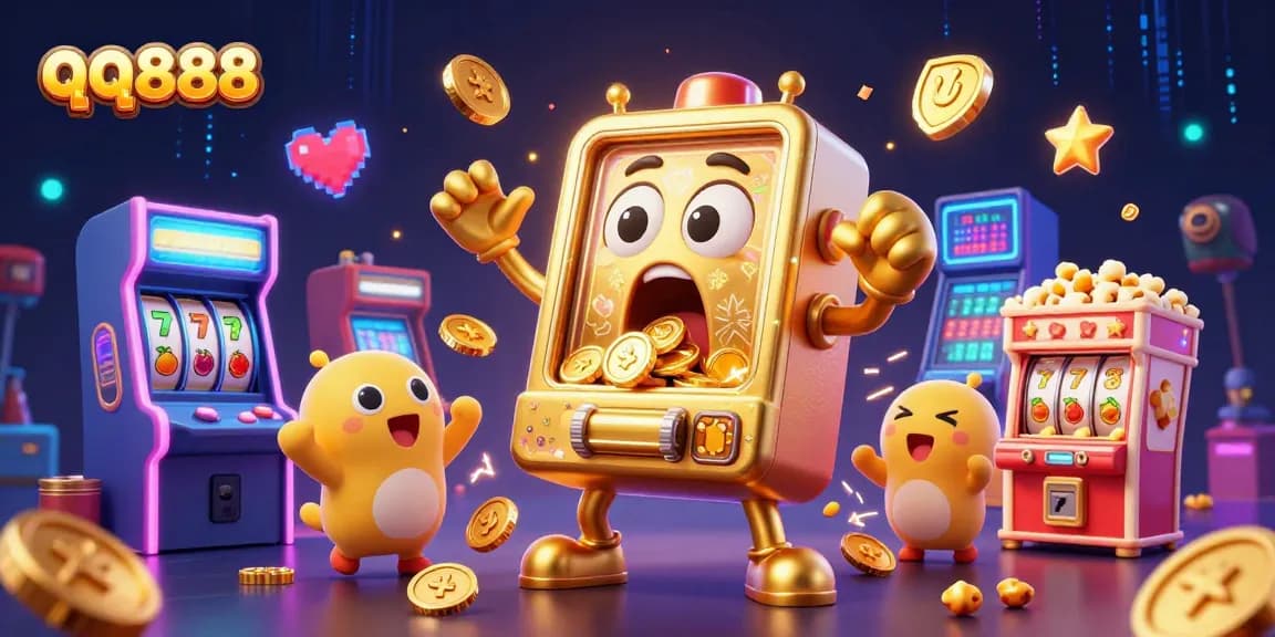 Spin the qq888 slot machine as it hits the jackpot, emitting coins with cheering baby machines.