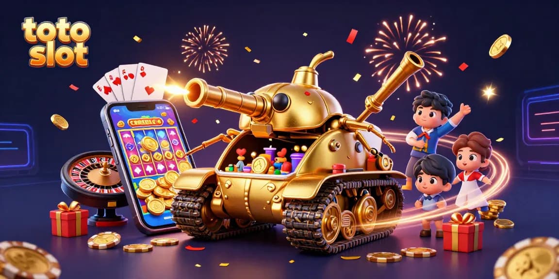 Experience the thrill of the toto slot game amidst a vibrant casino-themed illustration with golden coins and confetti.