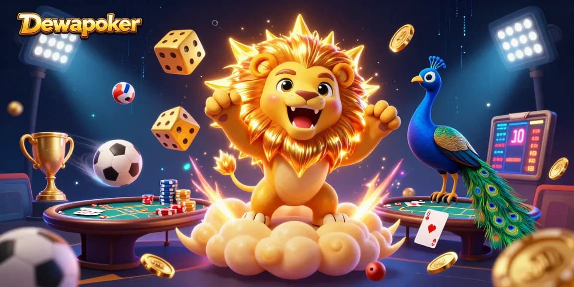 Dewapoker showcases an vibrant 3D illustration of poker excitement with a lion, golden dice, and more.