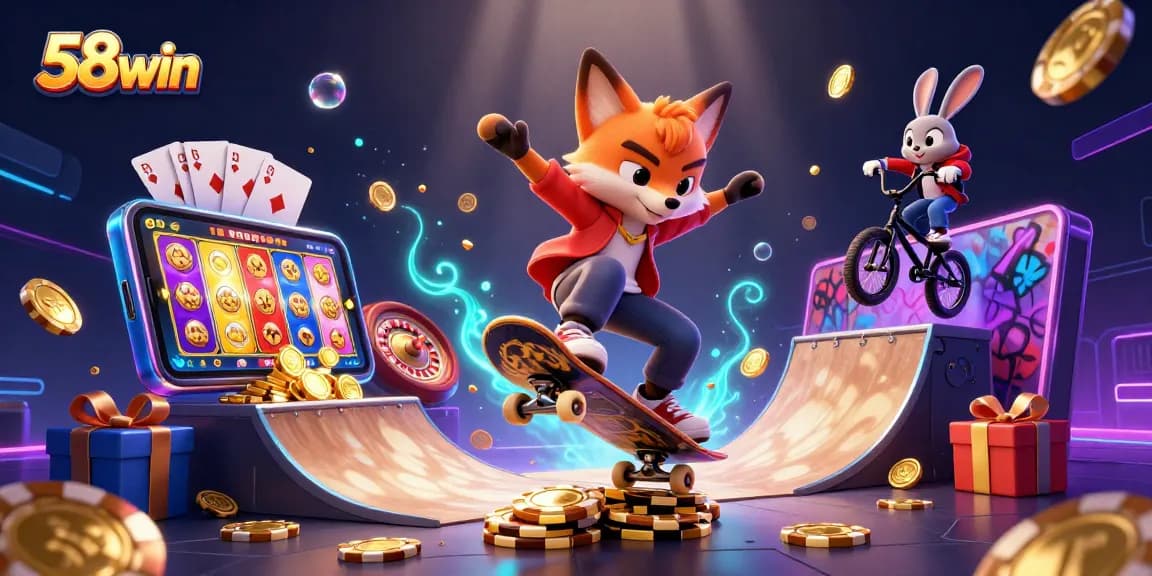 Experience 58win's gaming action with a vibrant 3D scene of a fox and rabbit in dynamic casino-themed illustration.