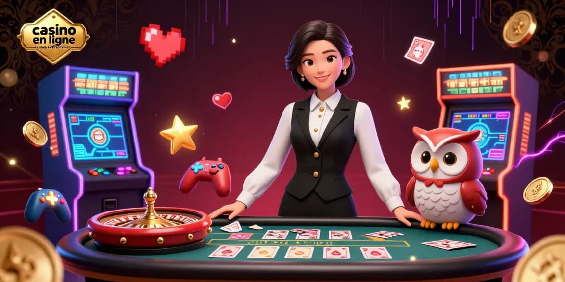 Engage in the excitement of casino en ligne sans vérification with an elegant dealer at a baccarat table, surrounded by vibrant game elements.
