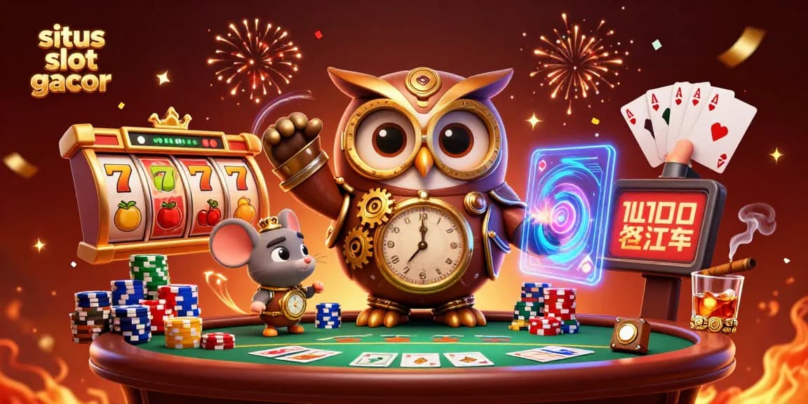 Engage with situs slot gacor using a vibrant casino illustration with a time-traveler owl and dynamic slot games.