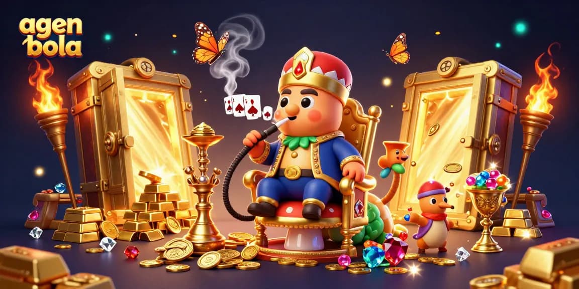 Engage with agen bola through a vibrant 3D scene filled with gold, poker symbols, and a whimsical master caterpillar.