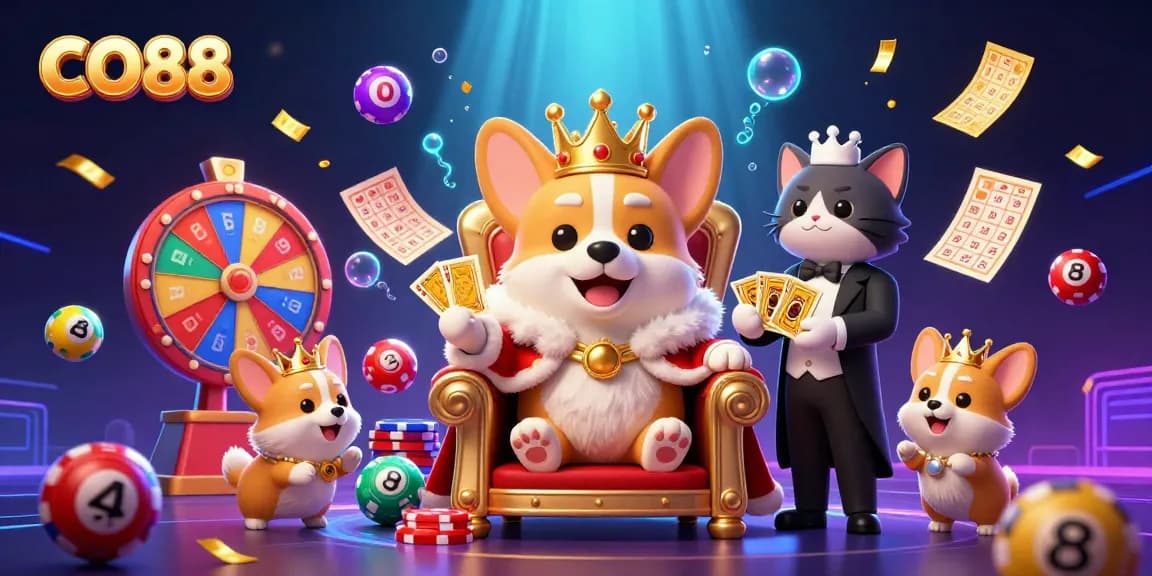 Join CO88 in a vibrant casino scene with a royal corgi, lottery balls, and dynamic gaming elements for excitement.