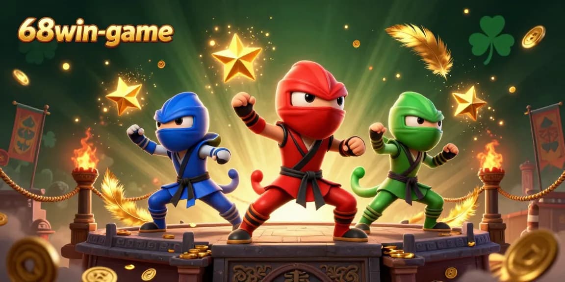 Experience the excitement of 68win-game with a dynamic casino scene showcasing ninja chameleons and gold coins.