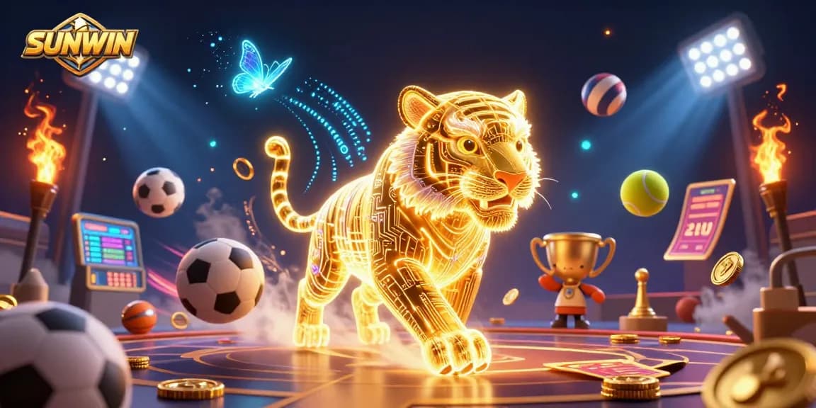 Experience SUNWIN's vibrant casino adventures with a golden tiger and dynamic sports elements.