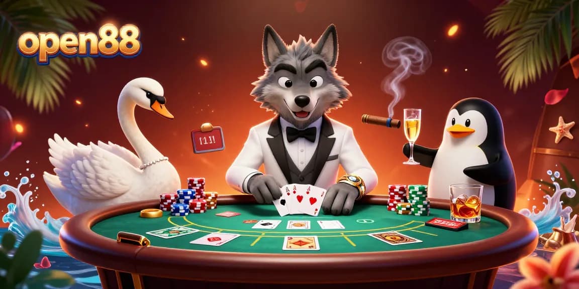 Experience open88's lively casino scene with characters engaging at the baccarat table.