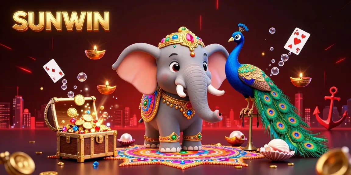 SUNWIN sends players on a thrilling adventure with a colorful casino-themed 3D illustration featuring vibrant characters, games, and treasures.