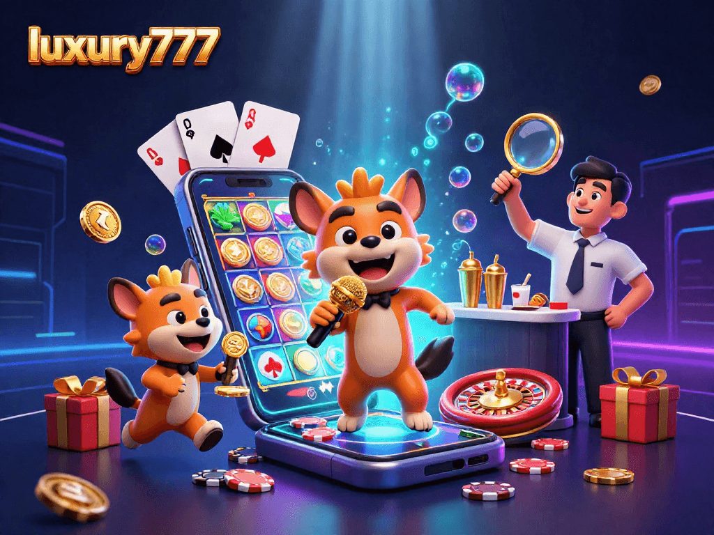 Permainan slot di luxury777 dengan animasi hyena dan kasino yang meriah