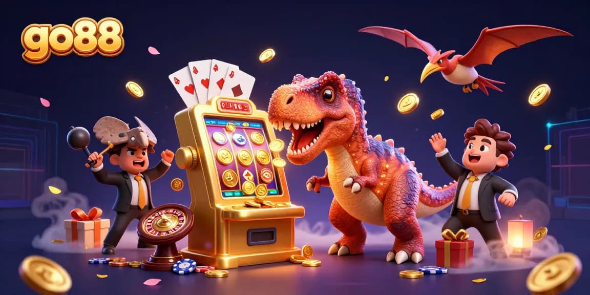 Experience the excitement of go88 as a cartoon pachycephalosaurus wins a jackpot, surrounded by vibrant casino elements.