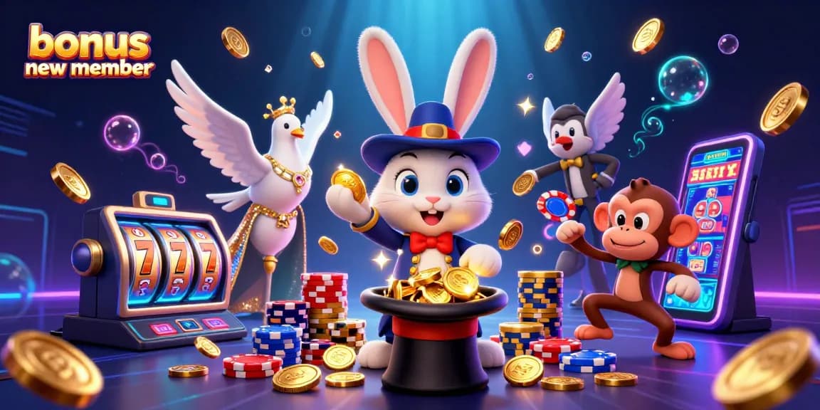 Engage with the bonus new member offer as the magician rabbit pulls coins from a top hat, surrounded by casino excitement.
