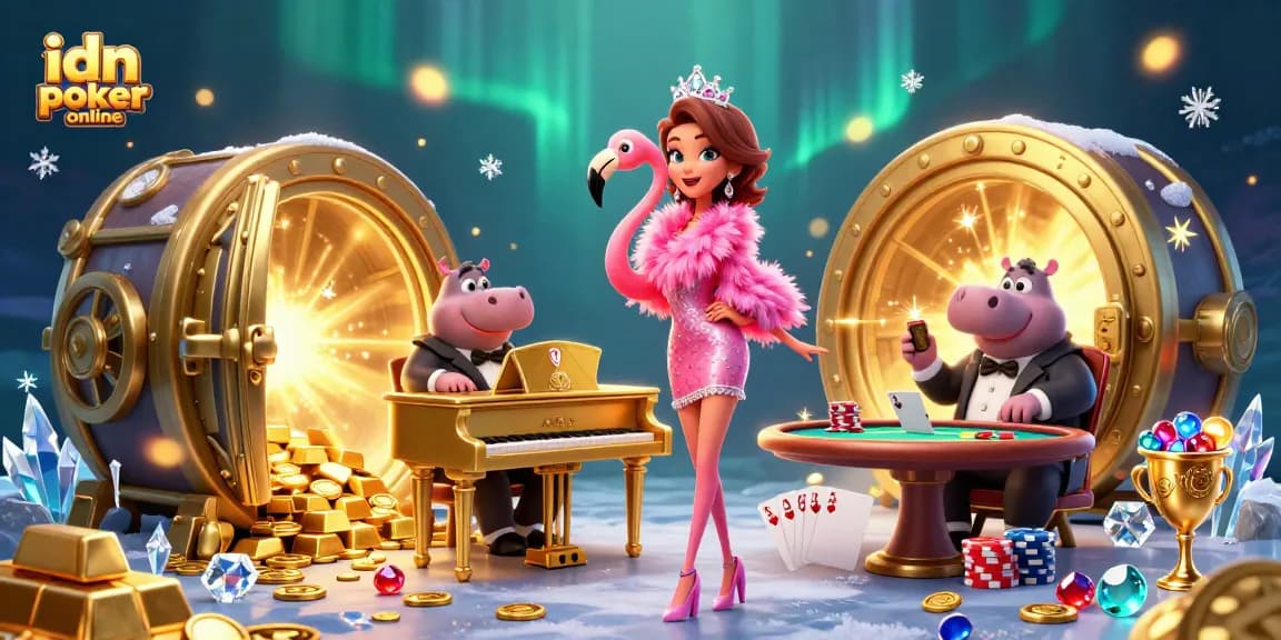 Gambarkan suasana menarik idn poker online dengan penyanyi flamingo dan bassist hippo di kasino.