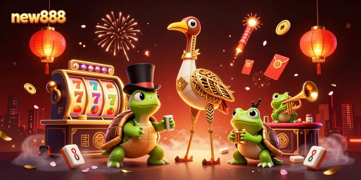 Experience the vibrant world of new888 with a rich illustration of casino games and characters.