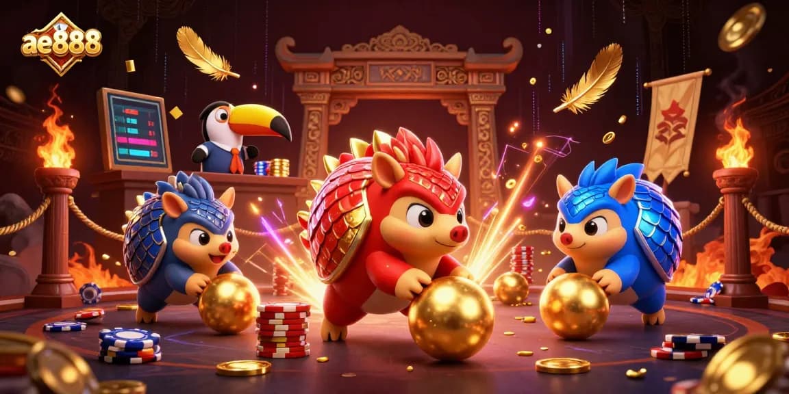 Engage in thrilling gameplay with ae888 as pangolins bowl through casino chips in an electric atmosphere.