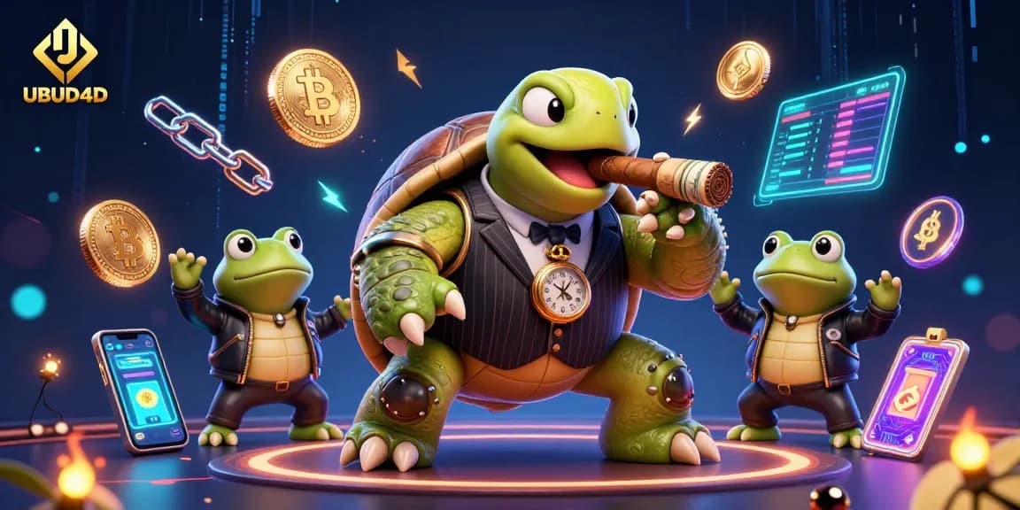 Engage with UBUD4D by experiencing an exciting casino atmosphere featuring a unique snapping turtle character.