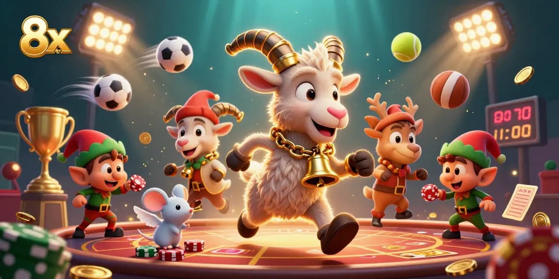 Bet with 8x bet in a festive, horror-themed casino scene featuring Krampus, angel mouse, and gremlins.