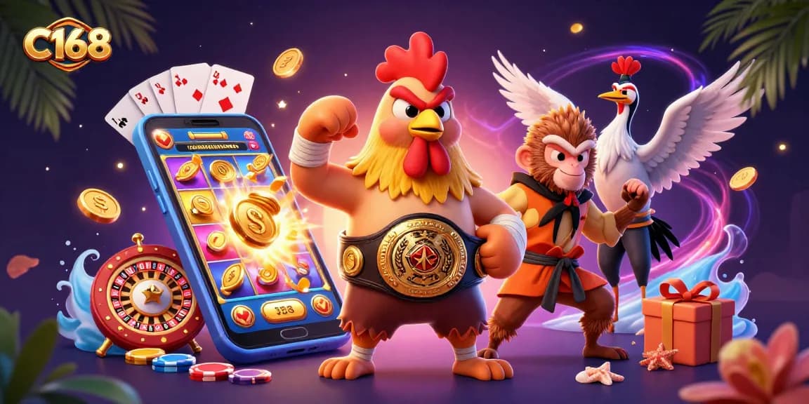 C168 features a dynamic scene with a Muay Thai rooster, Shaolin monkey, and crane master in an online casino setting.