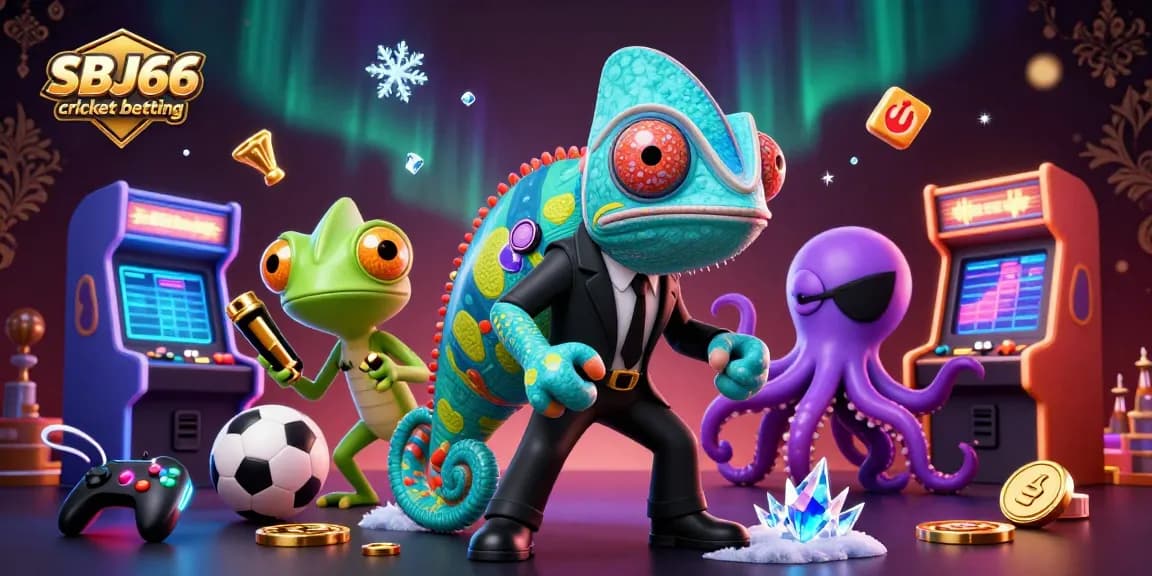 Engage in SBJ66 cricket betting with vibrant 3D characters in an immersive casino scene filled with sports elements.