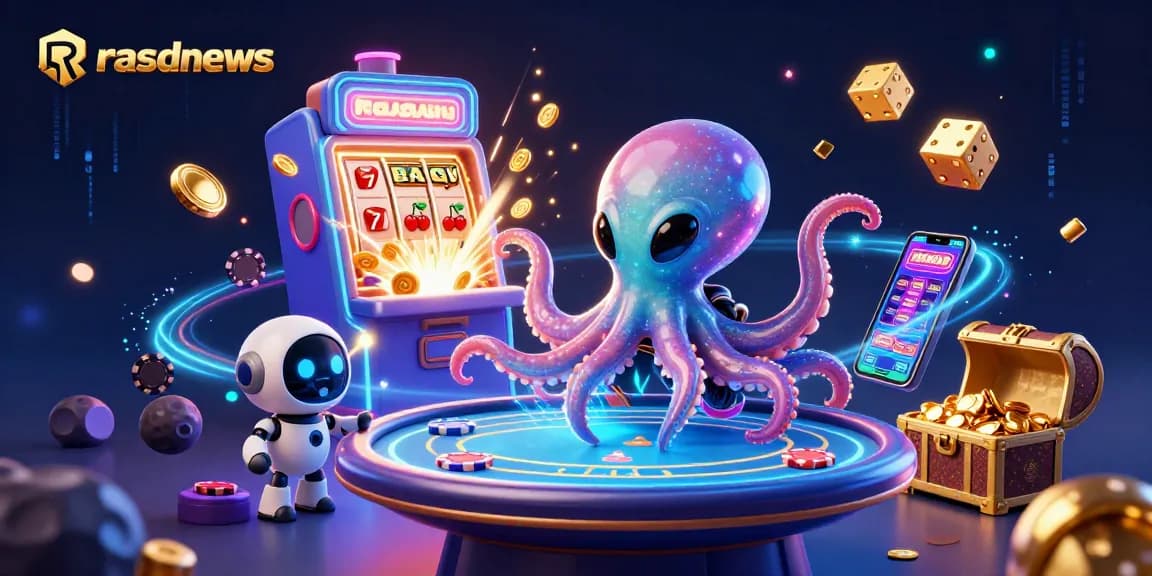 Rasdnews menghadirkan ilustrasi luar angkasa dengan seorang gurita alien dan mesin slot megah.