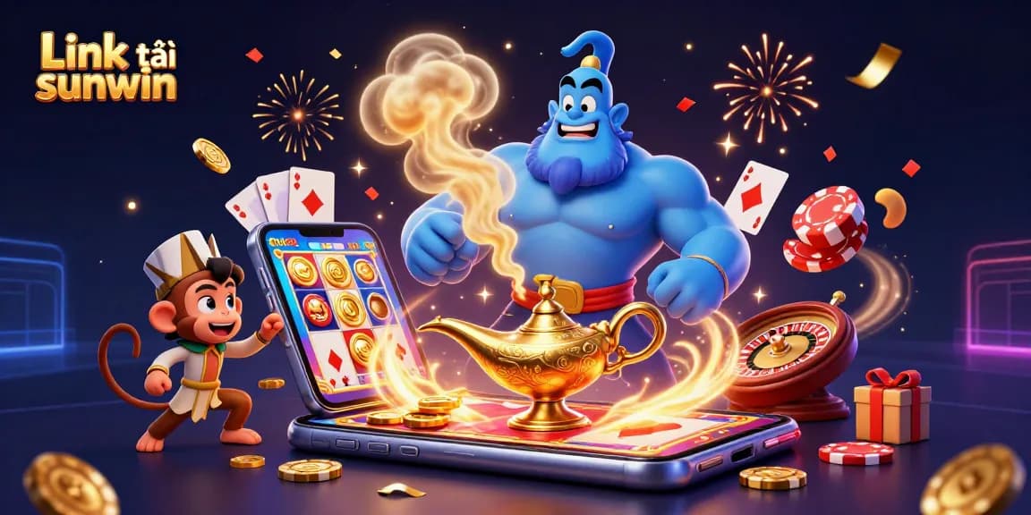 Engage with excitement as you find the Link tải sunwin game, featuring a vibrant casino scene filled with action.