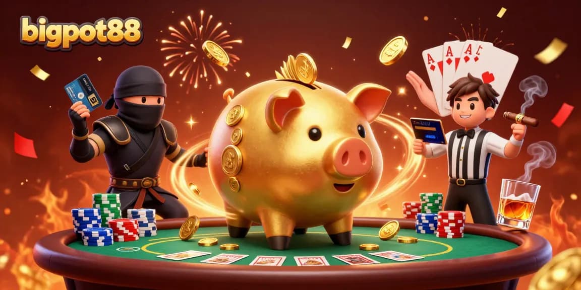 Engaging illustration of bigpot88 featuring a golden piggy bank sumo wrestler and dynamic casino elements.