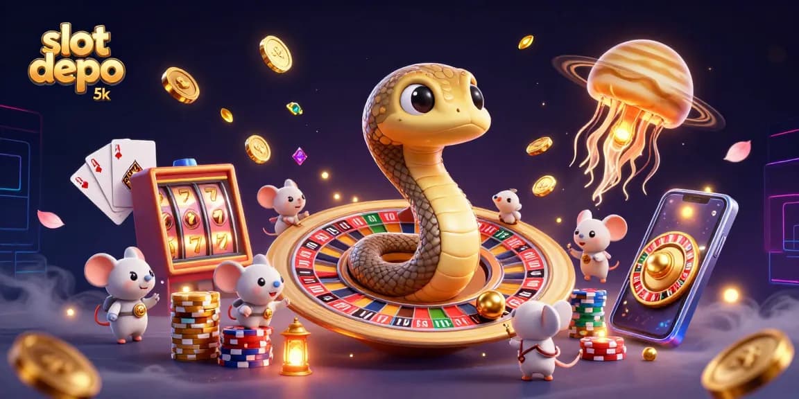 Spin to win with slot depo 5k as cartoon characters bet in a cosmic casino scene.