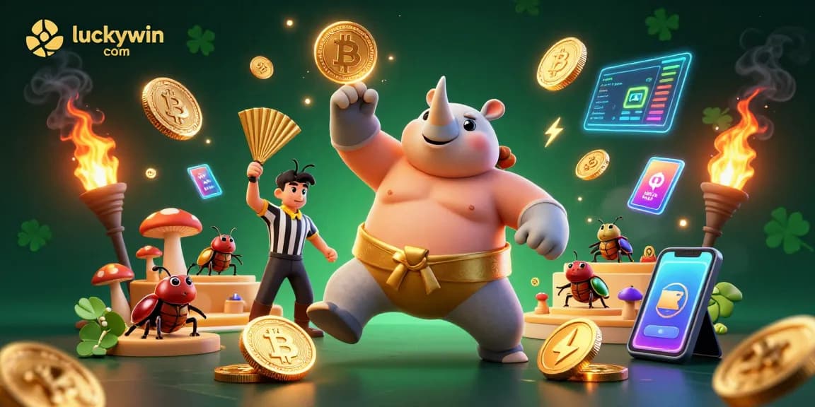 Experience vibrant action at luckywin com, featuring a cartoon beetle champion amidst dynamic gaming elements.
