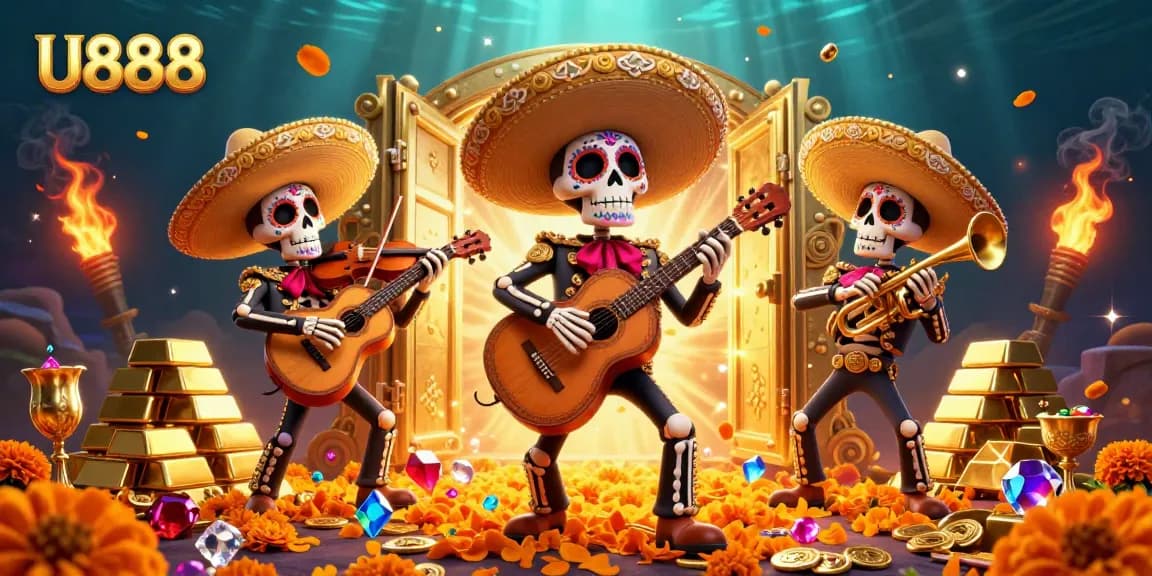 Cash in at U888 while enjoying a vibrant mariachi scene with gold and jewels filling the atmosphere.