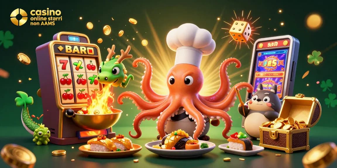Interagisci con i casinò online stranieri non AAMS in una scena vivace con un polpo chef di sushi e elementi di gioco festivi.